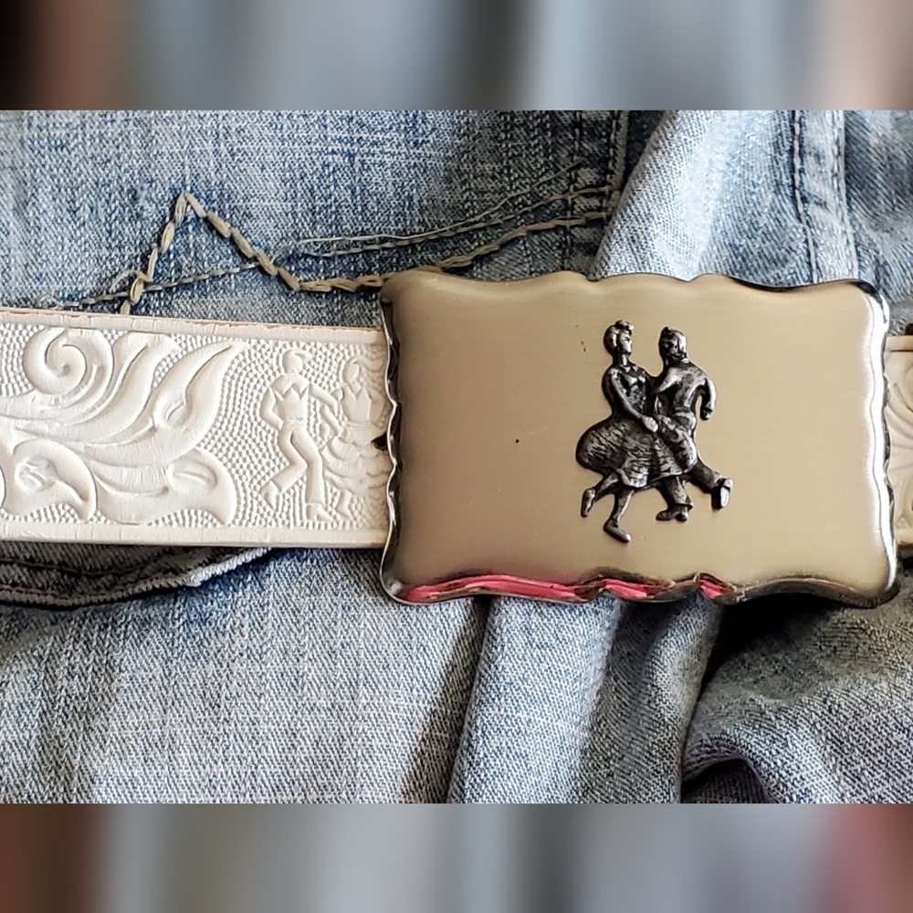 White Tooled Leather Belt with Silver Dancing Couple Buckle